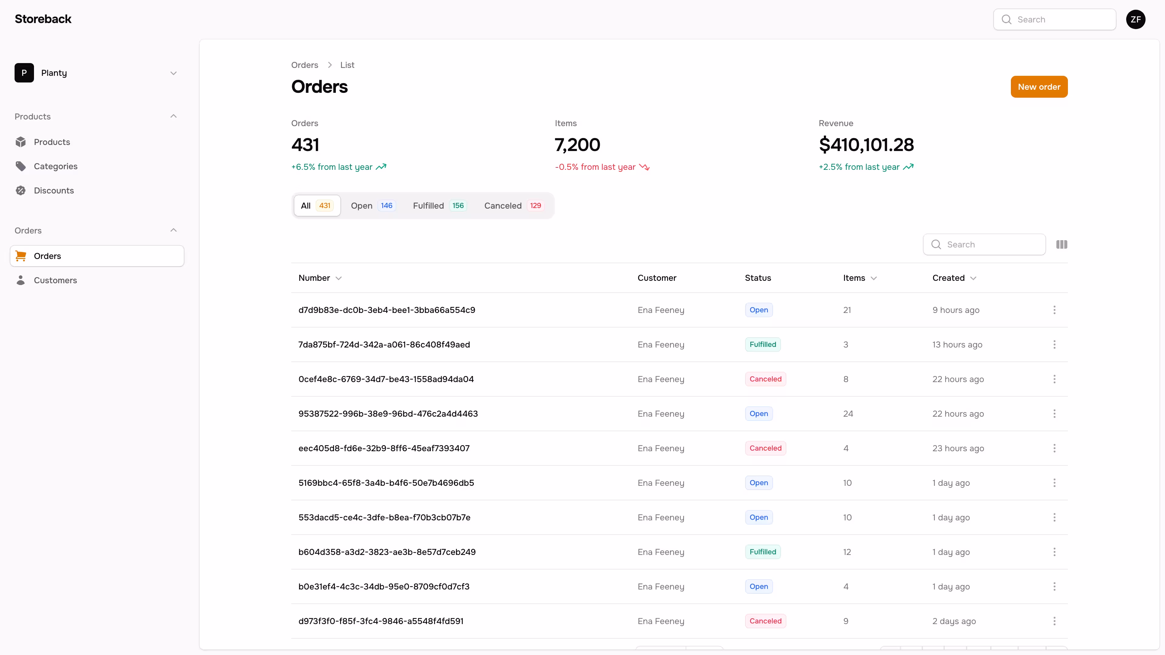 List orders page in light mode with the Filament Stacked Theme